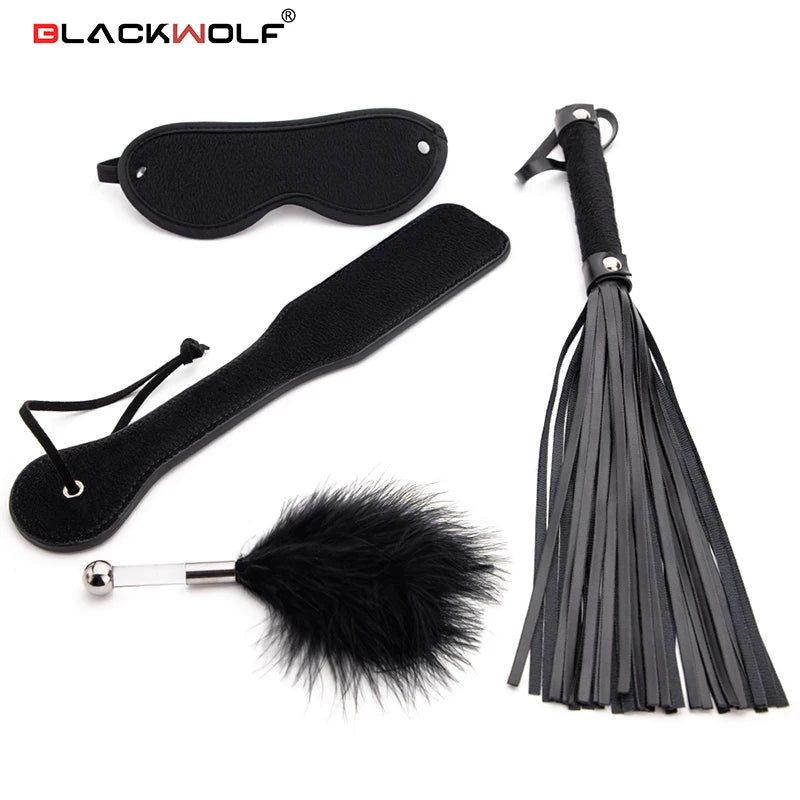 BLACKWOLF 4Pcs Slave Bondage Set Adult toys BDSM Kits Eye Mask Whip Paddle Anal Plug Sex Games Erotic Sex Toys For Women Couples