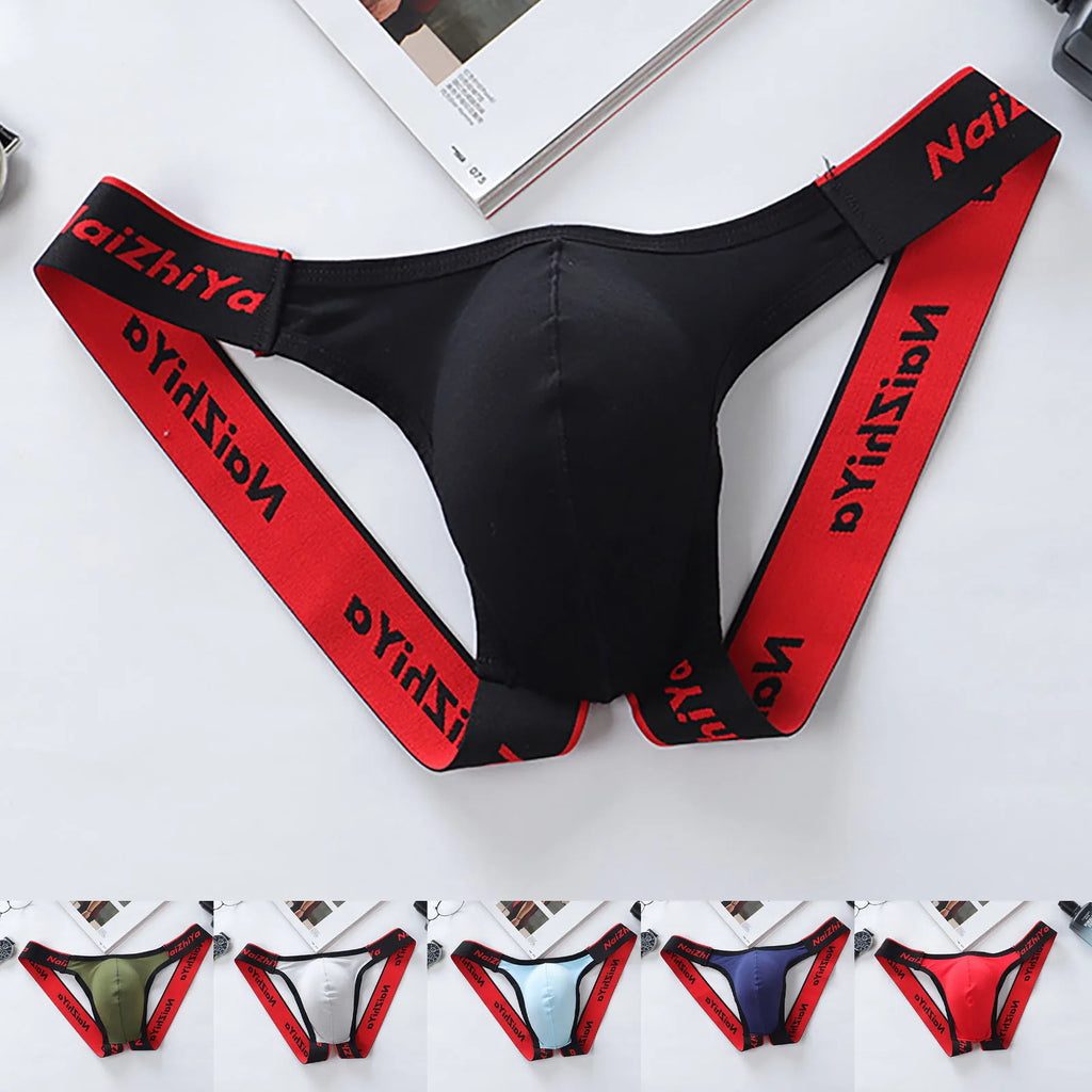 1pc Men's Briefs Thongs Patchwork Low Waist U-Convex Pouch Panties Open Rear Underwear Underpants Lingerie G-Strings For Man