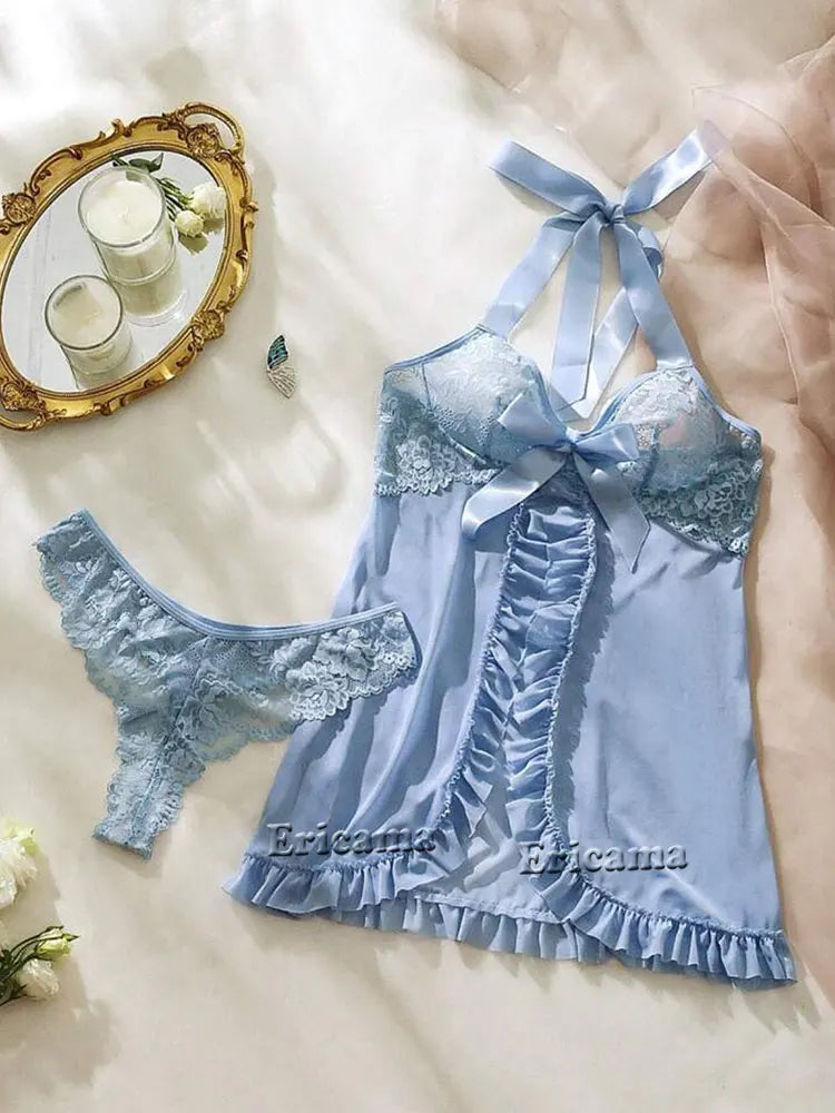 Sexy Lingerie Set Women Erotic Bra Nightdress Sexy Lace Sleepwear Solid Slim Soft Dresses V Neck Full Slip Sleepwear & Dresses